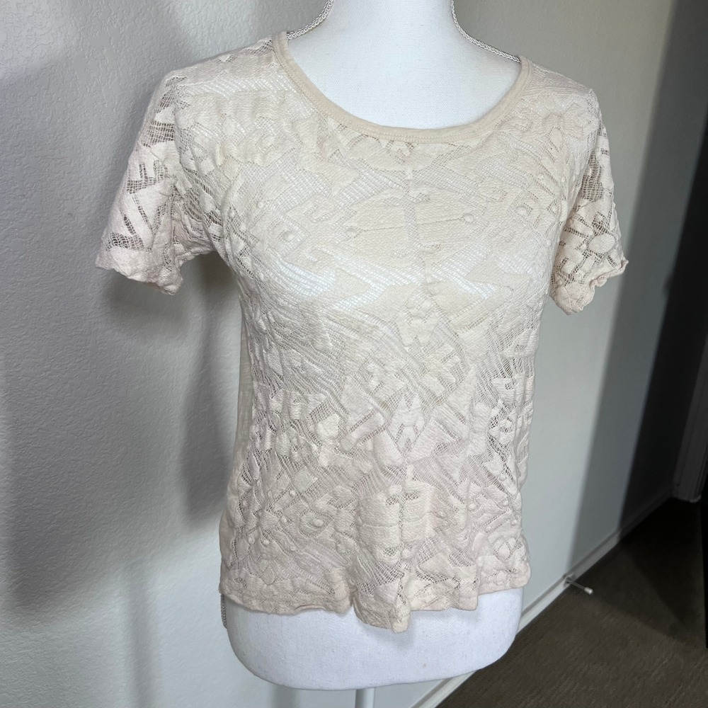 Madewell Cream Ivory Lace Overlay Short Sleeve Cotton Scoop Neck Top Small‎ Boho